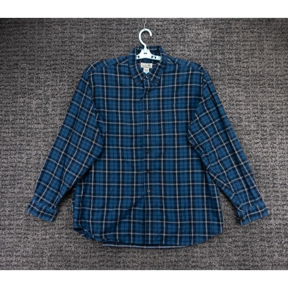 LL Bean Shirt Mens XL Blue Plaid Cotton Flannel Long Sleeve Cabincore Outdoor